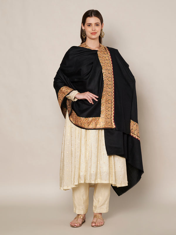 Solid Black Woolen Women Shawl with Rich Embroidered Border – 80 x 40 Inches