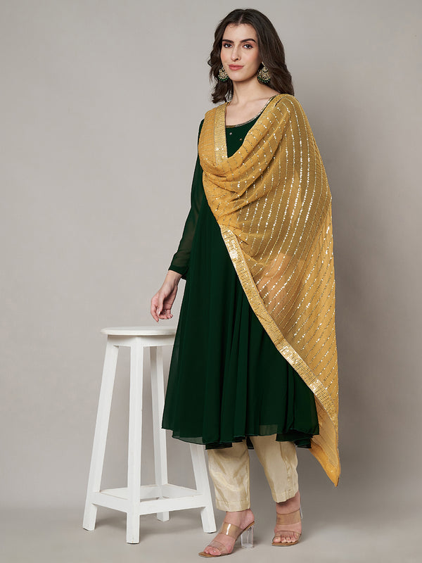 Gold Chinon Dupatta with Gold Stripe Sequin Work & Gota Border (Size: 2.5x1 m Approx)