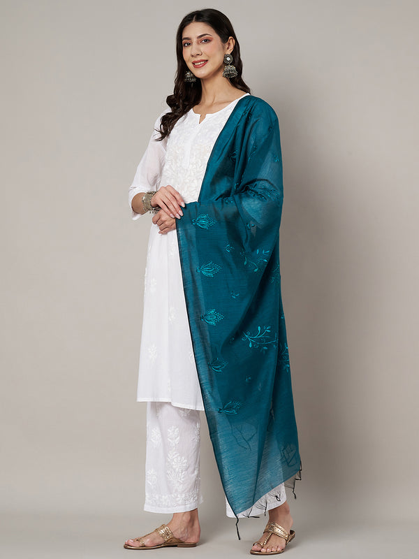 Blue Chanderi Cotton Dupatta with Subtle Floral Embroidery (Size: 2.5x1 m Approx)