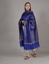 Blue Banarasi Silk Dupatta with Gold Zari Buti & Ornate Border (Size: 2.5x1 m Approx)