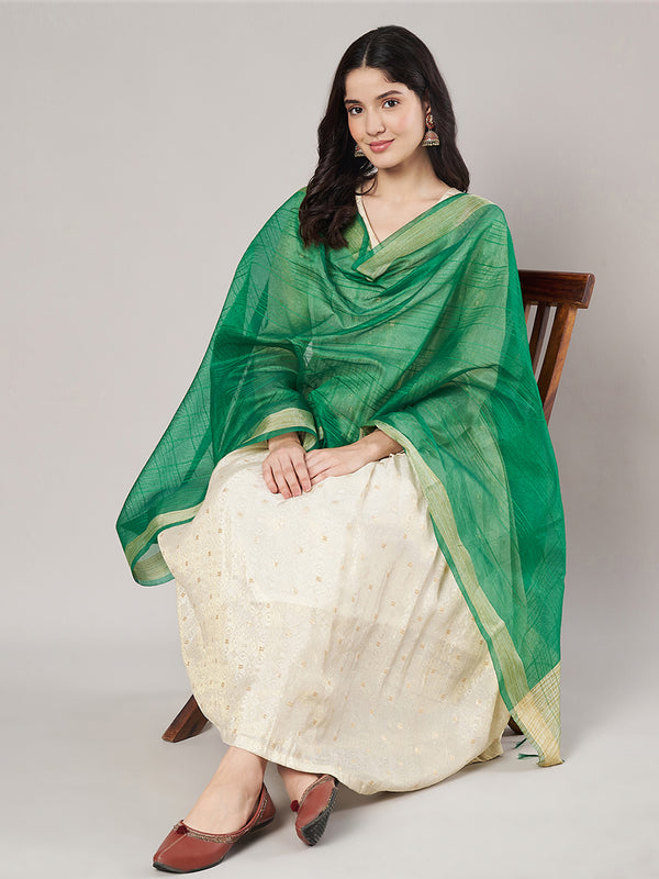 Green Chanderi Silk Dupatta with Gold Border & Tassels (Size: 2.5x1 m Approx)