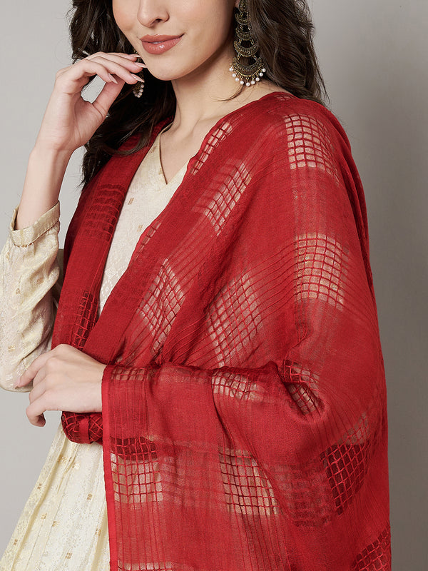 Red Cotton Woven Check Dupatta with Tassel Detailing (Size: 2.5x1 m Approx)