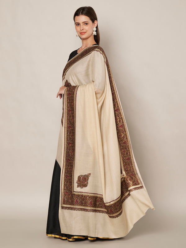 Beige Woolen Women Shawl with Intricate Embroidered Detailing – Winter Wrap (80 x 40 Inches)