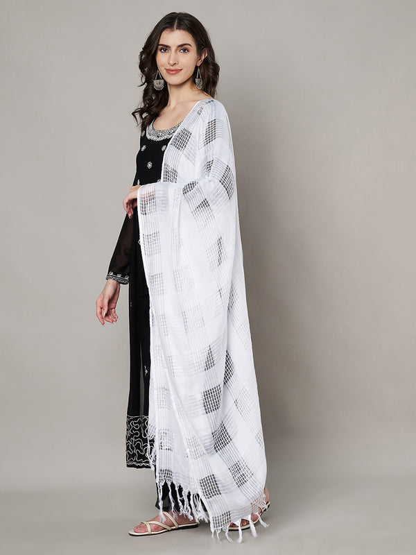 White Cotton Woven Check Dupatta with Tassel Detailing (Size: 2.5x1 m Approx)