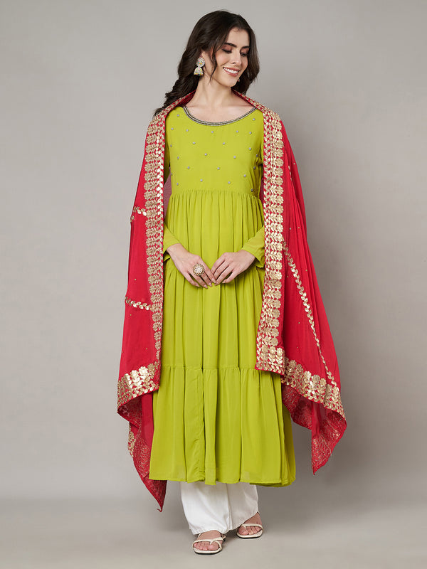 Red Chinon Dupatta with Gota Patti Border & Sequin Detailing (Size: 2.5x1 m Approx)