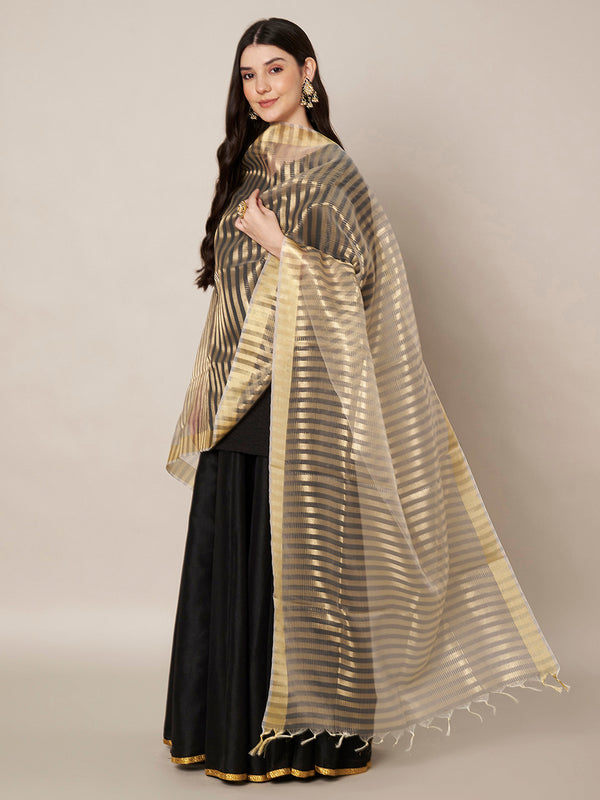 Black & Ivory Striped Cotton Silk Dupatta with Tassel Finish (Size: 2.5x1 m Approx)