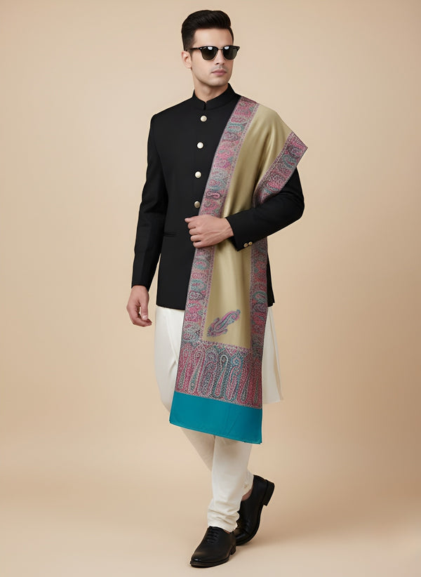 Bamboo Silk Gold Mens Shawl with Ornate Paisley Border | Classic Heritage Wrap (80 × 40 Inches)