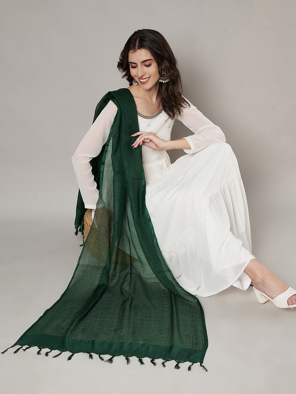 Bottle Green Sheer Handwoven Cotton Dupatta with Tassel Finish (Size: 2.5x1 m Approx)