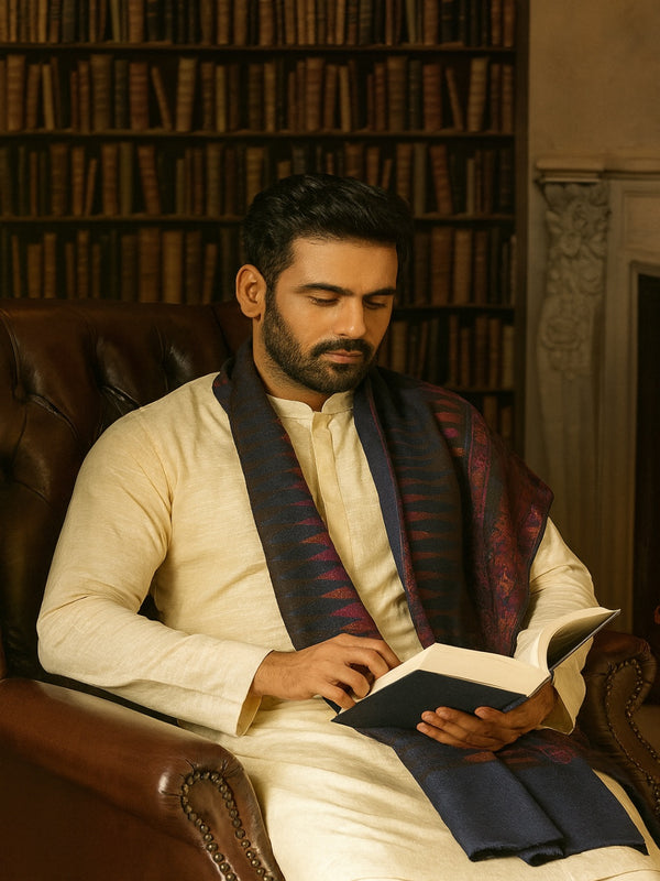 Woolen Mens Stole with Ikat-Inspired Woven Design | Refined Ethnic Wrap (80 × 28 Inches)