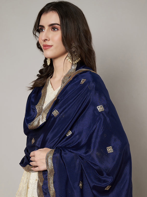 Blue Chiffon Dupatta with Gold Motif Embellishment & Scalloped Border (Size: 2.5x1 m Approx)