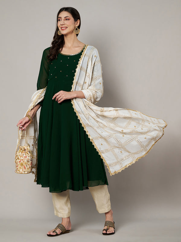 Ivory Chinon Dupatta with Gold Grid Embellishment (Size: 2.5x1 m Approx)