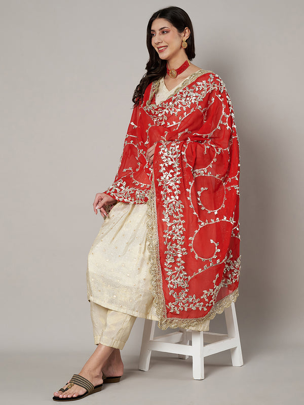 Red Georgette Dupatta with Hand Gota Patti Work (Size: 2.5x1 m Approx)