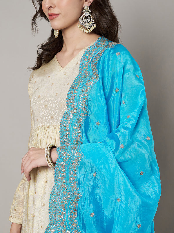 Sky Blue Chinon Dupatta with Scalloped Embroidered Border & Sequin Motifs (Size: 2.5x1 m Approx)