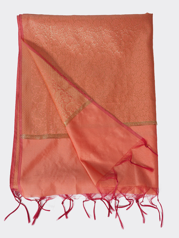 Orange Banarasi Silk Dupatta with All-Over Woven Floral Zari Jaal (Size: 2.5x1 m Approx)