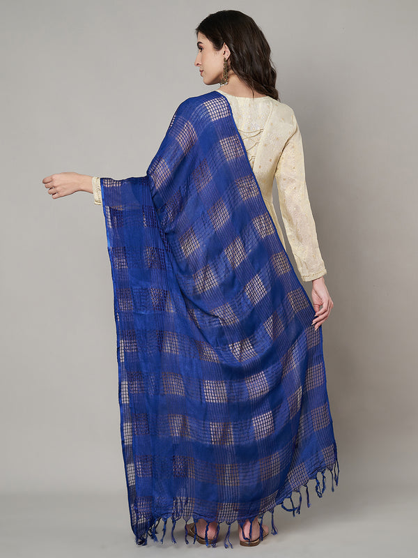 Blue Cotton Woven Check Dupatta with Tassel Detailing (Size: 2.5x1 m Approx)