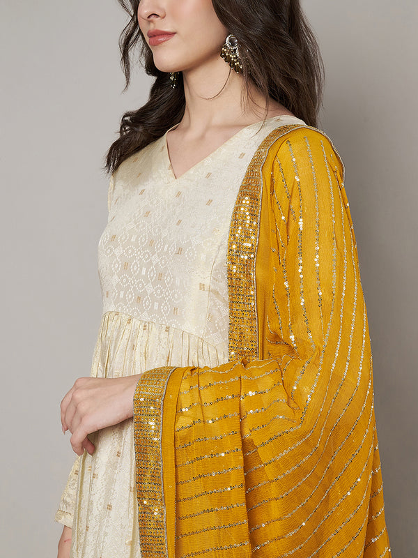 Yellow Chinon Dupatta with Gold Stripe Sequin Work & Gota Border (Size: 2.5x1 m Approx)