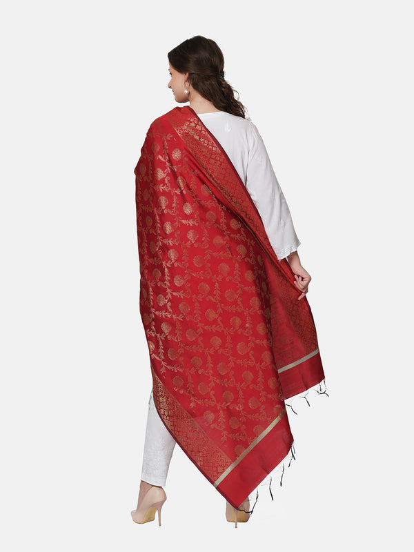 Maroon Banarasi Silk Dupatta with All-Over Woven Floral Motifs & Rich Zari Border (Size: 2.5x1 m Approx)