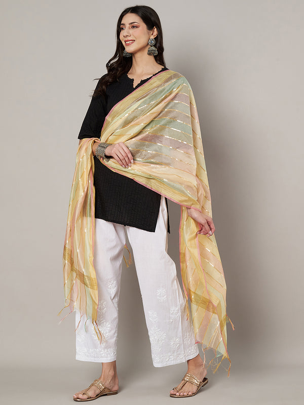 Multicolor Chanderi Silk Dupatta with Gold Zari Stripes (Size: 2.5x1 m Approx)
