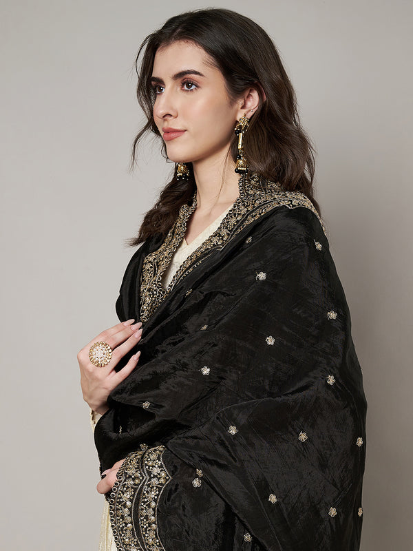 Black Chinon Dupatta with Scalloped Embroidered Border & Sequin Motifs (Size: 2.5x1 m Approx)