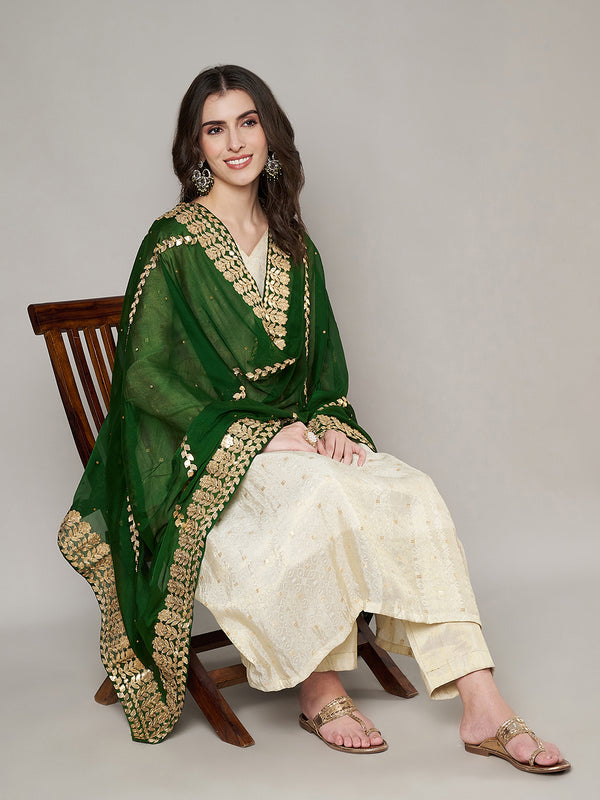 Green Chinon Dupatta with Gota Patti Border & Sequin Detailing (Size: 2.5x1 m Approx)