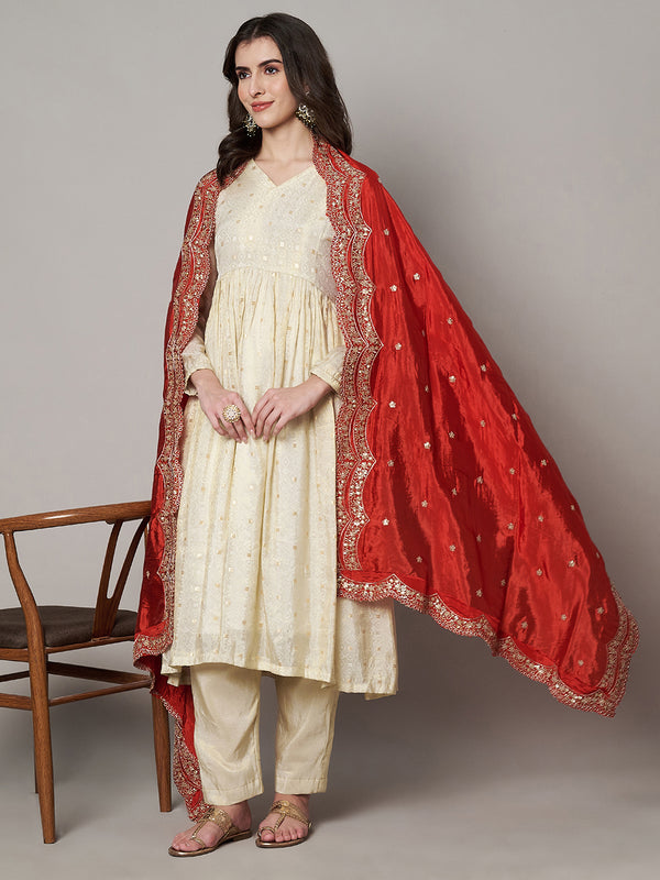 Red Chinon Dupatta with Scalloped Embroidered Border & Sequin Motifs (Size: 2.5x1 m Approx)