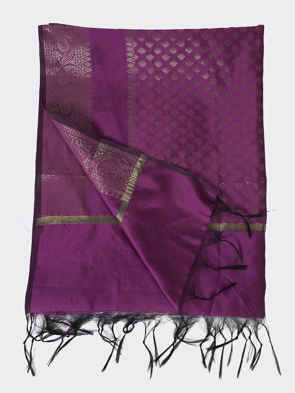 Purple Banarasi Silk Dupatta with Woven Gold Zari Butti & Ornate Border (Size: 2.5x1 m Approx)
