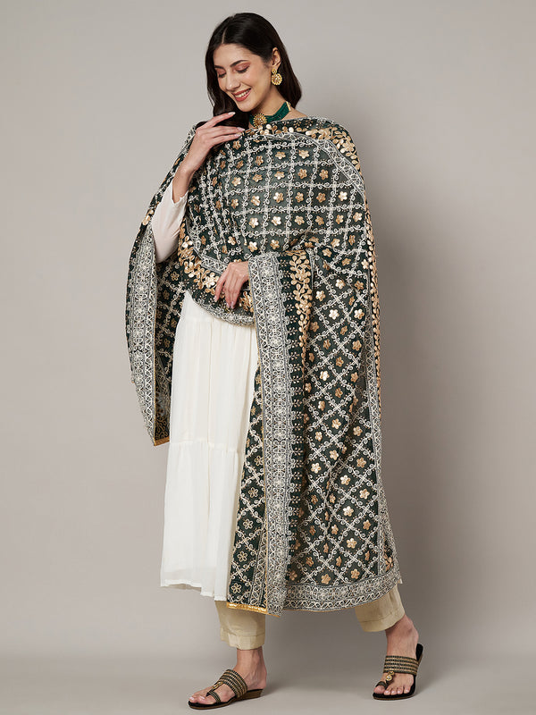 Black Georgette Dupatta with Gold Foil Booti & Lace Border (Size: 2.5x1 m Approx)