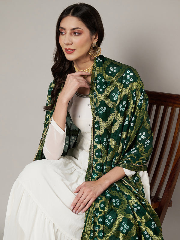 Green Silk Gharchola Bandhej Dupatta with Gold Zari Border (Size: 2.5x1 m Approx)
