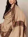 Woolen Women Shawl in Warm Beige with Intricate Traditional Embroidered Border (80 x 40 Inches)