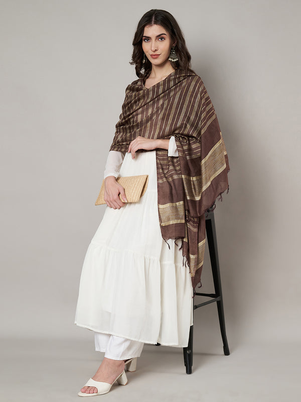 Brown & Olive Cotton Dupatta with Subtle Striped Weave and Woven Border (Size: 2.5x1 m Approx)