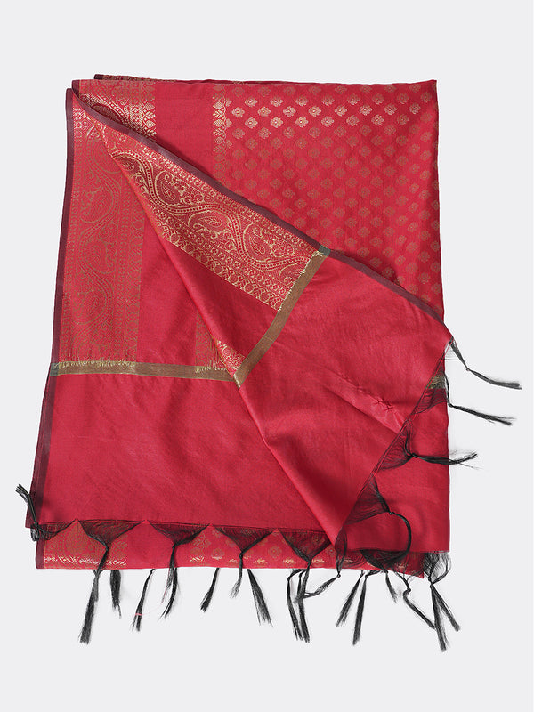 Deep Red Banarasi Silk Dupatta with Woven Gold Zari Butti & Ornate Border (Size: 2.5x1 m Approx)