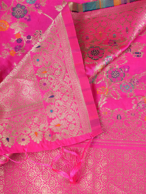 Rani Paithani Silk Dupatta with Multicolour Floral Zari Weave (Size: 2.5x1 m Approx)