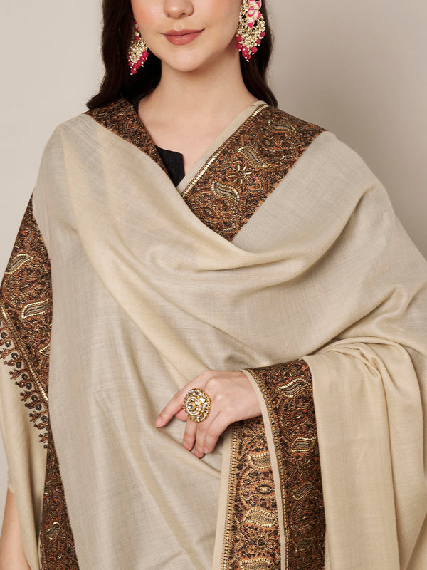 Woolen Women Shawl in Light Brown with Intricate Traditional Embroidered Border (80 x 40 Inches)