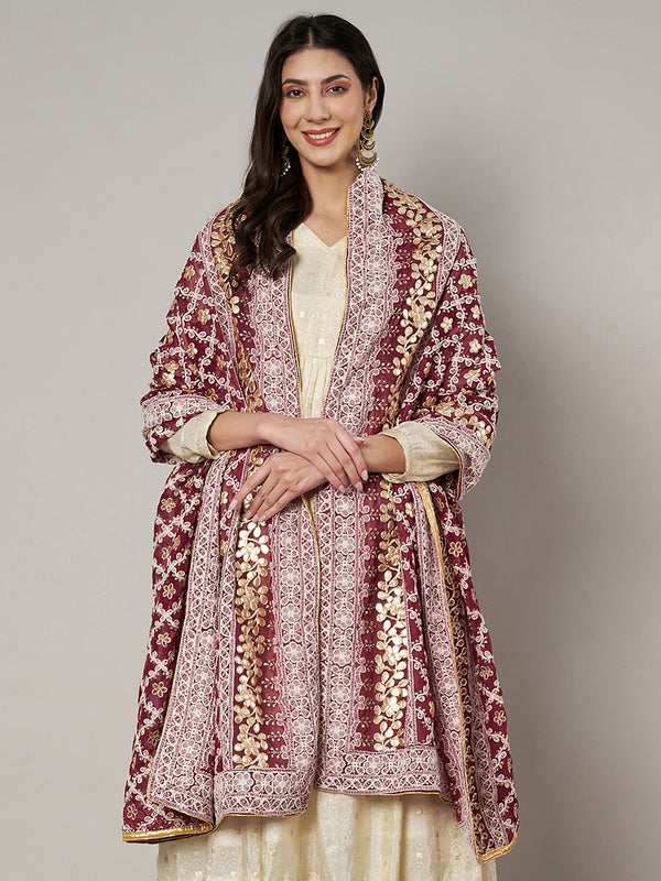 Maroon Georgette Dupatta with Gold Foil Booti & Lace Border (Size: 2.5x1 m Approx)