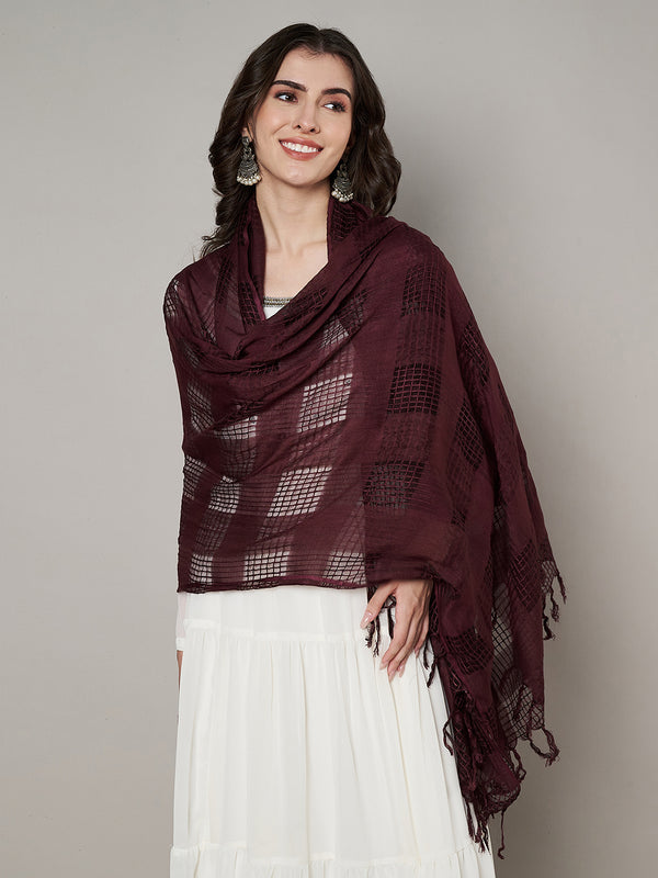 Maroon Cotton Woven Check Dupatta with Tassel Detailing (Size: 2.5x1 m Approx)