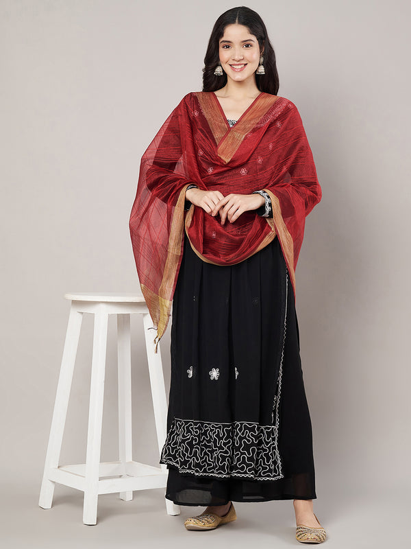 Maroon Chanderi Silk Dupatta with Gold Border & Tassels (Size: 2.5x1 m Approx)