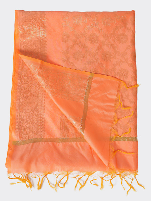 Orange Banarasi Silk Dupatta with All-Over Woven Floral Motifs & Rich Zari Border (Size: 2.5x1 m Approx)