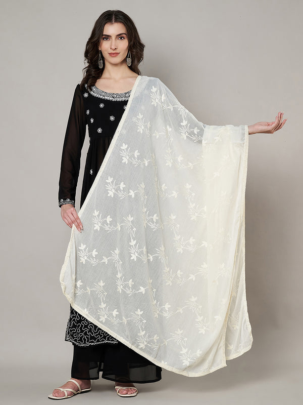 Soft White Dupatta with Cotton Thread Floral Embroidery & Lace Border (Size: 2.5x1 m Approx)
