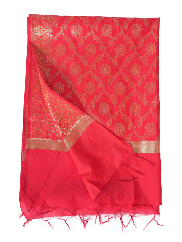Red Banarasi Silk Dupatta with All-Over Woven Floral Motifs & Rich Zari Border (Size: 2.5x1 m Approx)