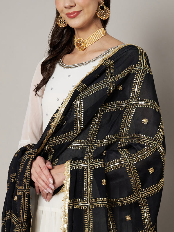 Black Chinon Dupatta with Gold Grid Embellishment (Size: 2.5x1 m Approx)