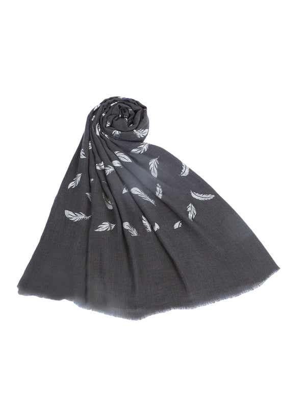 Micro Wool Black Feather Motif Women Stole | Soft Wrap with Subtle Woven Accents (80 × 28 Inches)