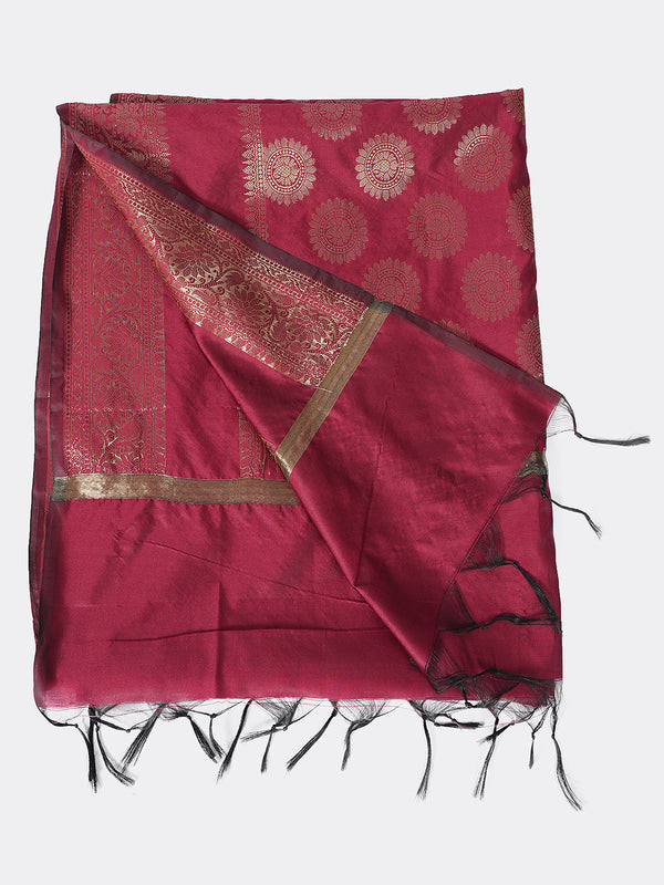 Maroon Banarasi Silk Dupatta with Woven Butti Motifs & Zari Border (Size: 2.5x1 m Approx)
