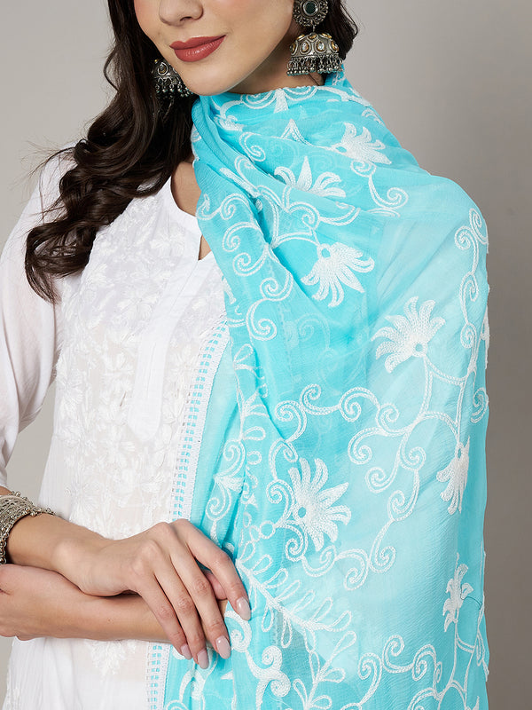 Sky Blue Karachi Chiffon Dupatta with Elegant Thread Embroidery (Size: 2.5x1 m Approx)