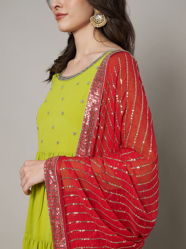 Red Chinon Dupatta with Gold Stripe Sequin Work & Gota Border (Size: 2.5x1 m Approx)