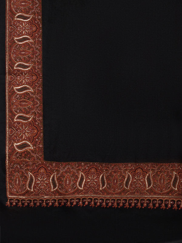 Woolen Mens Shawl in Warm Black with Heritage-Inspired Embroidered Border (80 x 40 Inches)