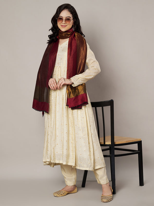 Reversible Wool Maroon Women Stole with Moonlight Zari Border | Elegant Winter Wrap | 80 × 28 Inches