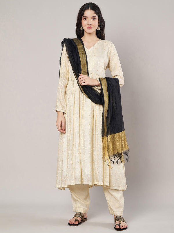 Black Chanderi Silk Dupatta with Gold Border & Tassels (Size: 2.5x1 m Approx)