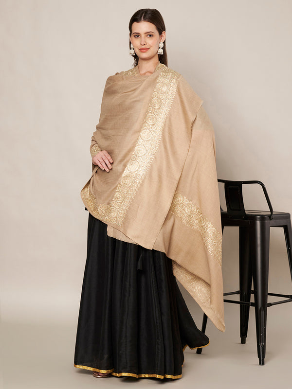 Beige Woolen Women Shawl with Gold Border – 80x40 Inches