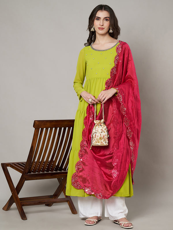 Rani Silk Dupatta with Scalloped Cutwork Border & Sequin Highlights (Size: 2.5x1 m Approx)