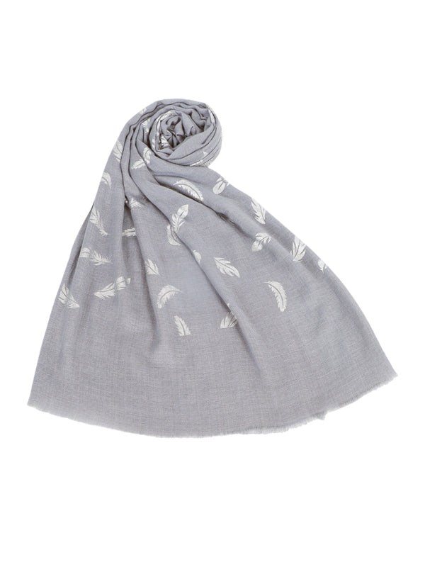 Micro Wool Grey Feather Motif Women Stole | Soft Wrap with Subtle Woven Accents (80 × 28 Inches)